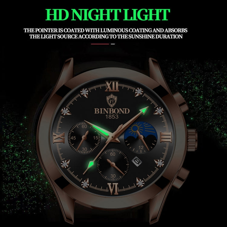 BINBOND B3591 30m Waterproof Luminous Calendar Men Watch, Color: Brown Leather-Rose-Black - Leather Strap Watches by BINBOND | Online Shopping UK | buy2fix