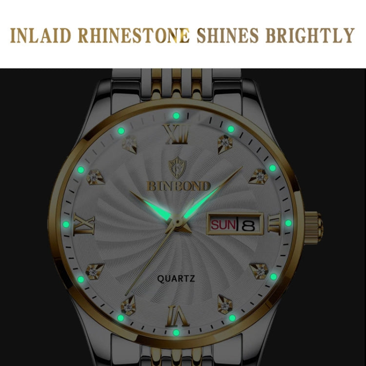 BINBOND B3034 Diamond 30m Waterproof Business Watch Men's Butterfly Buckle Luminous Quartz Watch(Black Steel-Black-Gold Nail) - Metal Strap Watches by BINBOND | Online Shopping UK | buy2fix