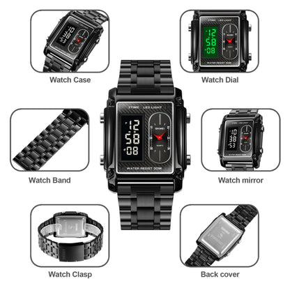 SKMEI 1868 Square Double Display Waterproof Men Watch, Style: Steel Belt (Black) - LED Digital Watches by SKMEI | Online Shopping UK | buy2fix