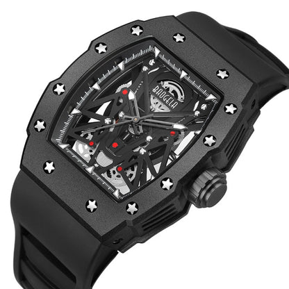 BAOGELA 224145 Barrel Skeleton Waterproof Sports Stainless Steel Silicone Men Watch(Black Shell Black Belt) - Silicone Strap Watches by BAOGELA | Online Shopping UK | buy2fix