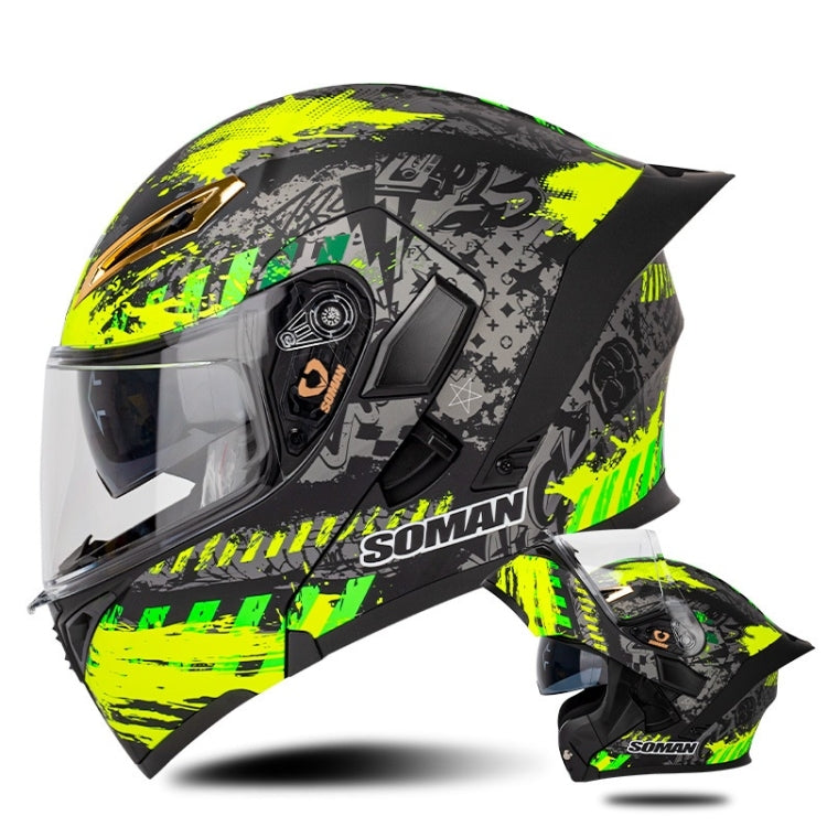 SOMAN Motorcycle Dual Lens Riding Peel-Off Full Coverage Helmet, Size: S(Black Fluorescent Yellow Spark) - Helmets by SOMAN | Online Shopping UK | buy2fix