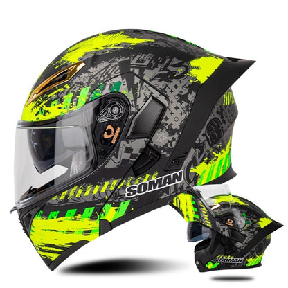 SOMAN Motorcycle Dual Lens Riding Peel-Off Full Coverage Helmet, Size: XXL(Black Fluorescent Yellow Spark) - Helmets by SOMAN | Online Shopping UK | buy2fix