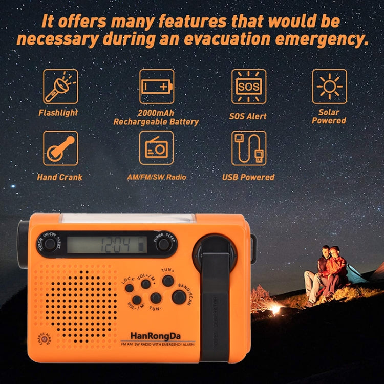 HanRongda HRD-900 LED Lighting Solar Hand Crank Power Generation NOAA Weather Warning Radio(Orange) - Radio Player by HanRongda | Online Shopping UK | buy2fix