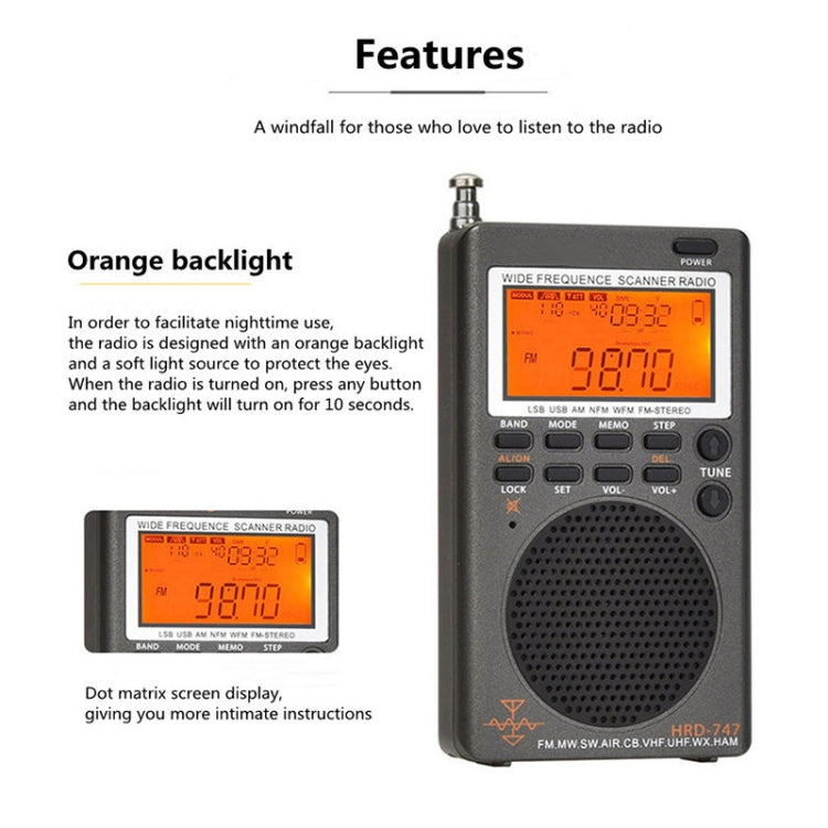 HanRongda HRD-747 Portable Full Band Digital Display High-Frequency Receiving Radio(Silver Gray) - Radio Player by HanRongda | Online Shopping UK | buy2fix