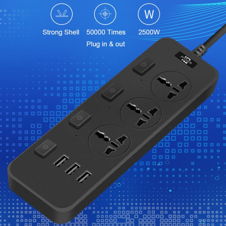 T14 2m 2500W 3 Plugs + 3-USB Ports Multifunctional Socket With Switch, Specification: US Plug (Black) - Extension Socket by buy2fix | Online Shopping UK | buy2fix