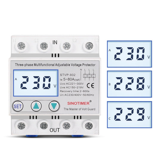 SINOTIMER STVP-932 50A 3-phase 380V LCD Self-resetting Adjustable Surge Voltage Protector - Other Tester Tool by SINOTIMER | Online Shopping UK | buy2fix
