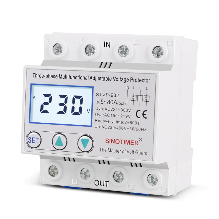 SINOTIMER STVP-932 50A 3-phase 380V LCD Self-resetting Adjustable Surge Voltage Protector - Other Tester Tool by SINOTIMER | Online Shopping UK | buy2fix