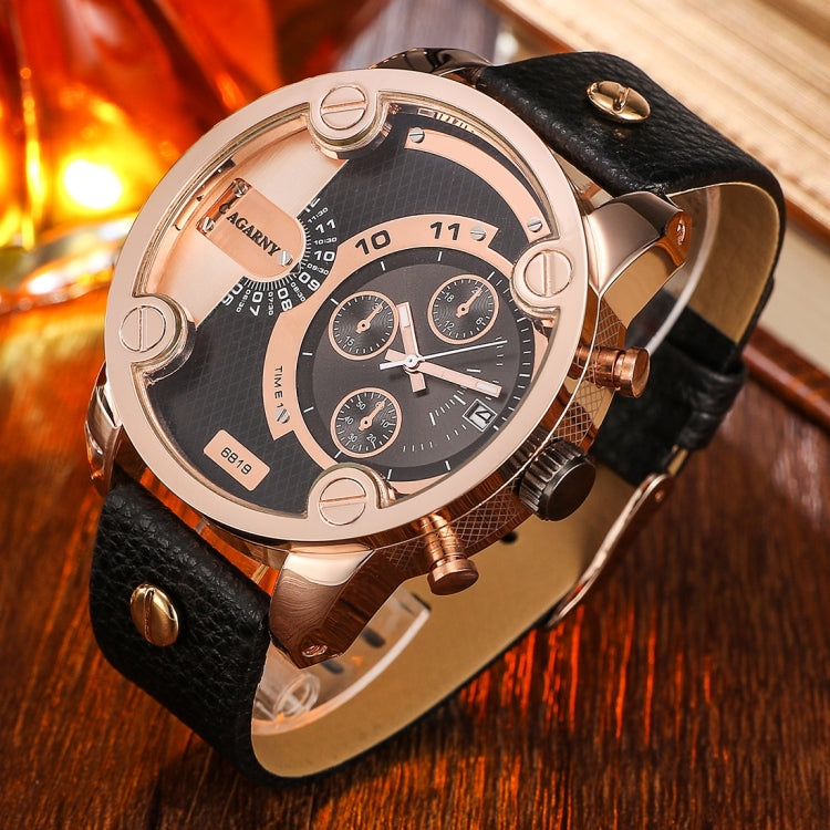 CAGARNY 6819 Fashionable Multifunctional Dual Time Zone Quartz Business Sport Wrist Watch with Leather Band & GMT Time & Calendar & Luminous Display for Men(Rose Gold Case) - Leather Strap Watches by CAGARNY | Online Shopping UK | buy2fix