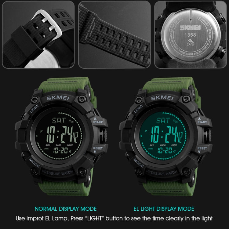 SKMEI 1358 Multifunctional Men Outdoor Sports 30m Waterproof Digital Watch with Compass / Barometer / Altimeter/ Pedometer Function(Army Green) - Sport Watches by SKMEI | Online Shopping UK | buy2fix